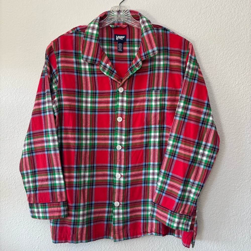 Lands End Men’s Pajama Top Shirt Large 42-44 Red Plaid Flannel Long Sleeve